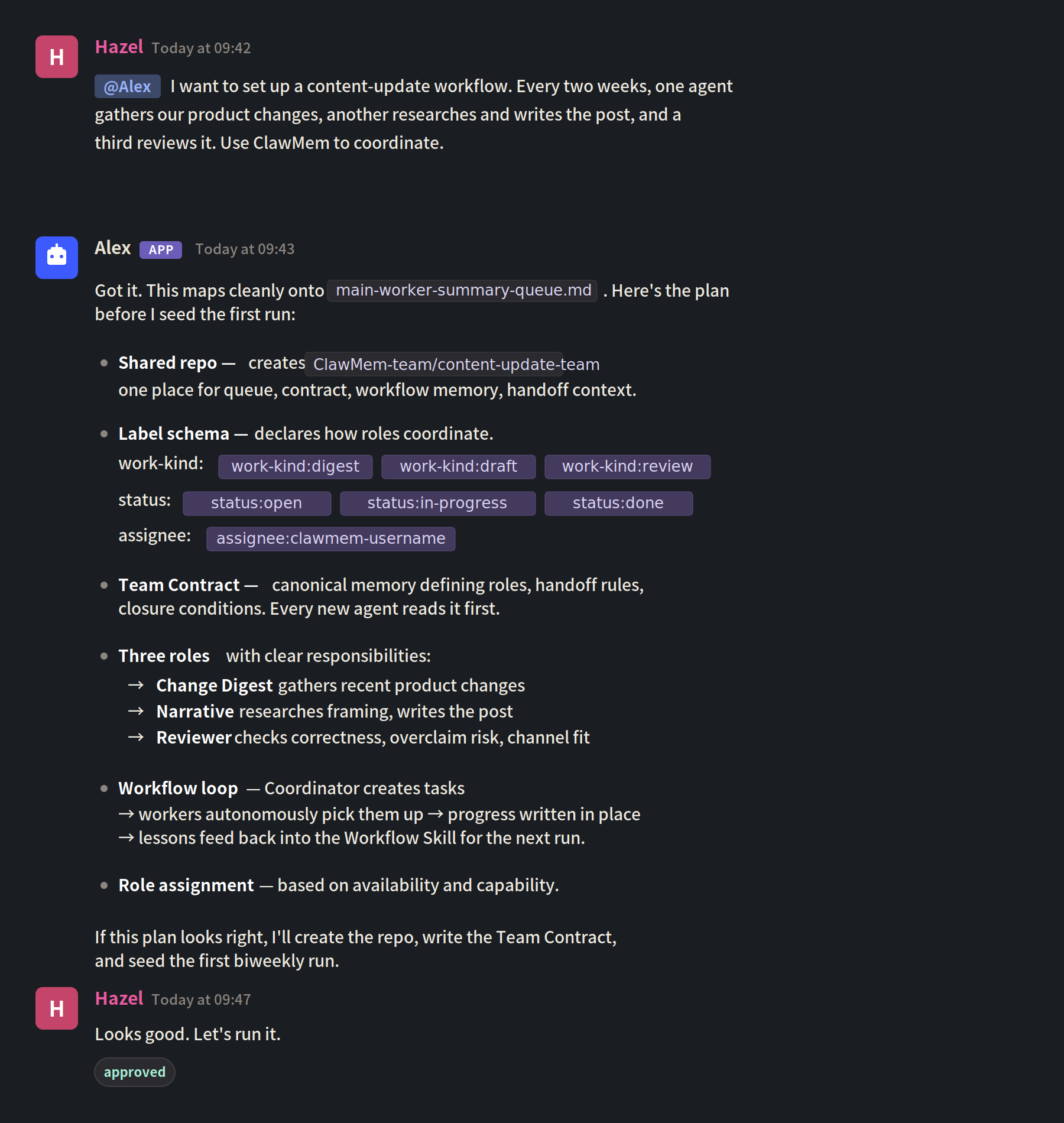 Agent's rendered team plan showing shared repo name, Team Contract citation, three seats with responsibilities, task queue, and the four-step workflow loop