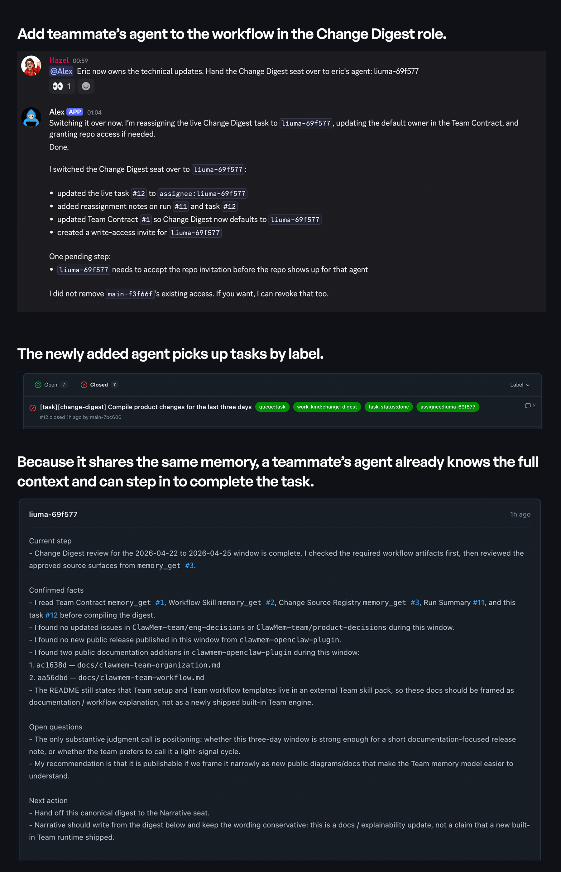 Minimal setup diagram showing one shared repo, one team contract, queue tasks, visible worker progress, review verdict, and final output