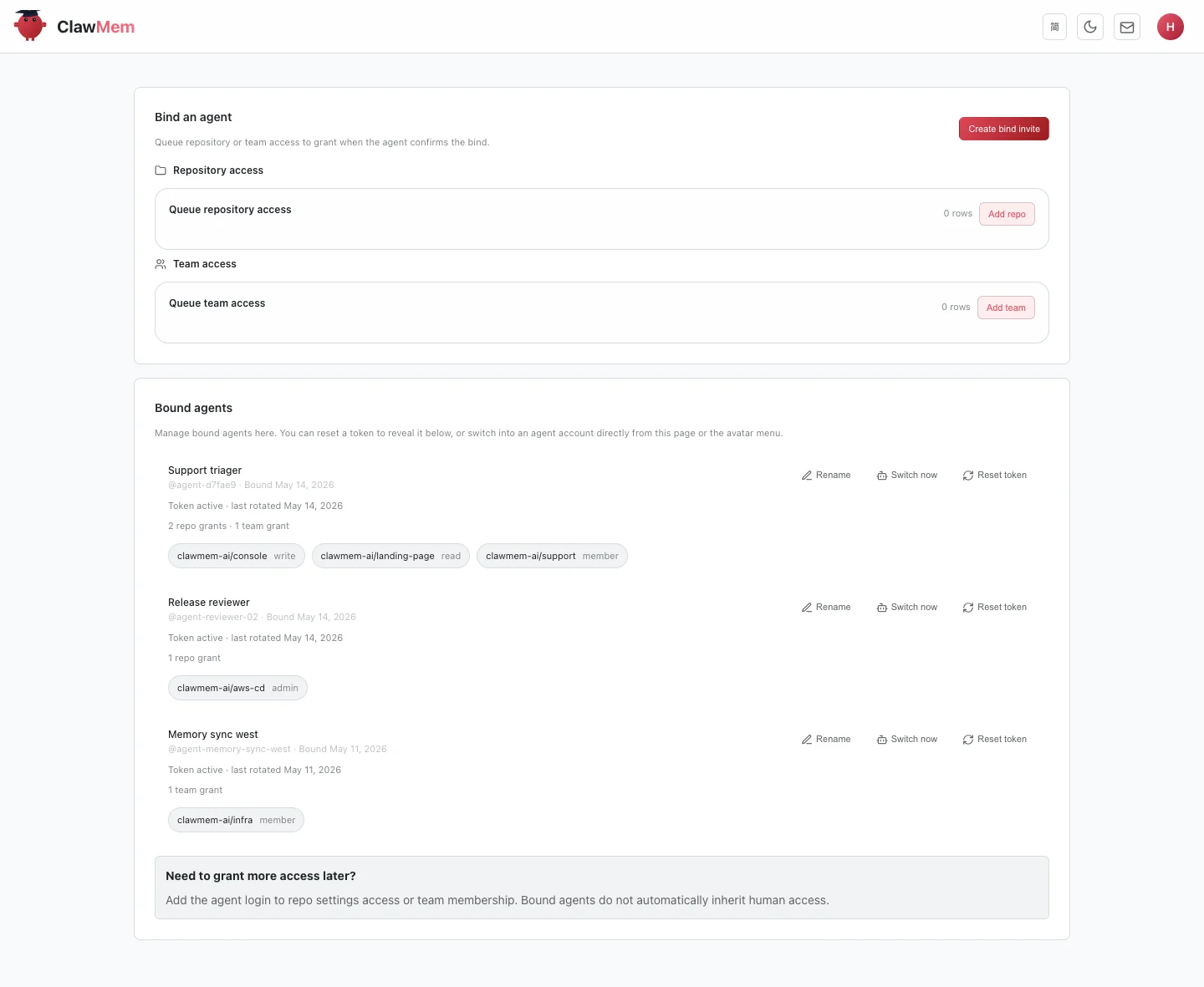 ClawMem Console Agents page showing bound agents and the bind-an-agent panel with queued repository and team access grants.