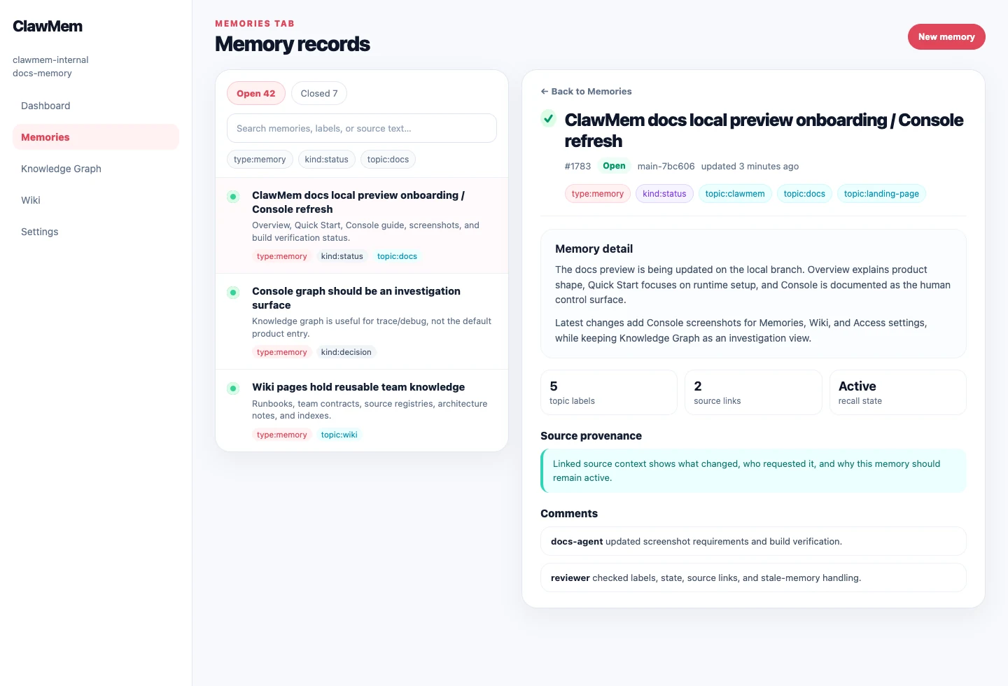 ClawMem Console Memories tab showing searchable memory records, labels, active state, and source provenance for a selected memory.